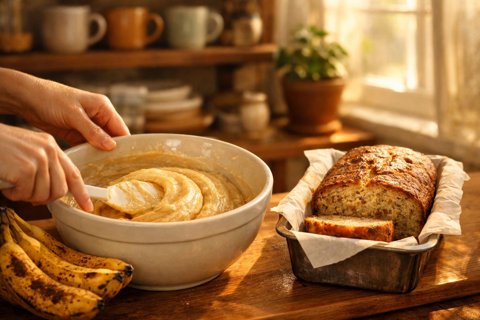 Pessoa a mexer massa de bolo de banana numa tigela, com pão de banana fatiado ao lado sobre a mesa.