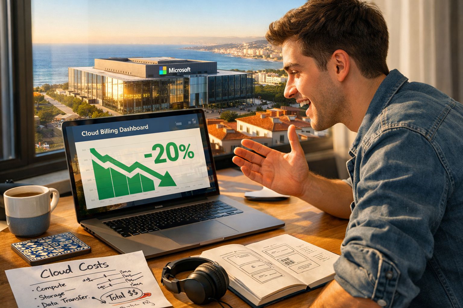 Homem a trabalhar com gráfico de redução de custos na nuvem em computador, com vista para prédio Microsoft.