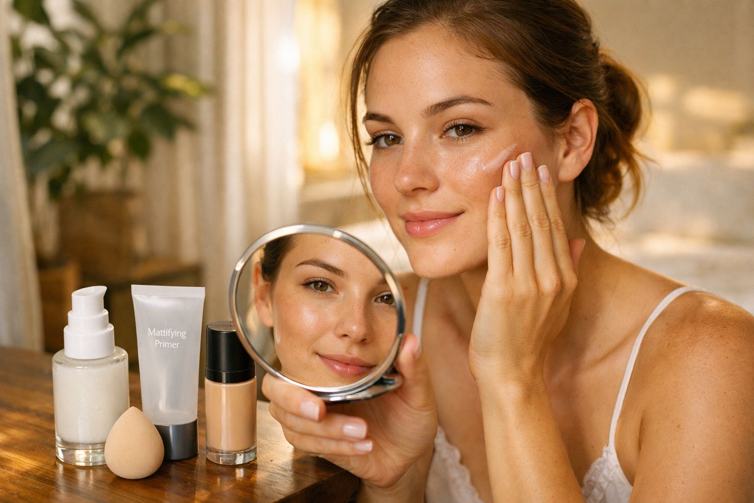 Mulher a aplicar creme no rosto, segurando espelho, com produtos de maquilhagem numa mesa à frente.