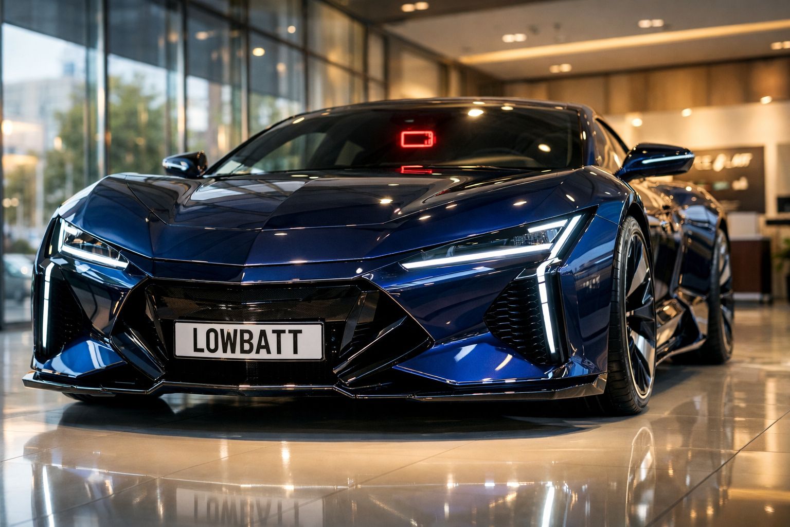 Carro desportivo elétrico azul escuro estacionado em showroom moderno com matrícula LOWBATT.
