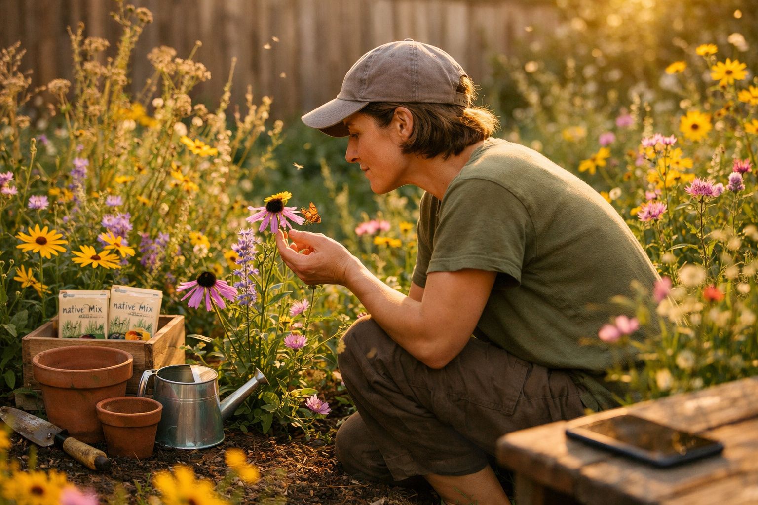 Pessoa a cuidar de flores num jardim com regador, vasos e pacotes de sementes ao lado.