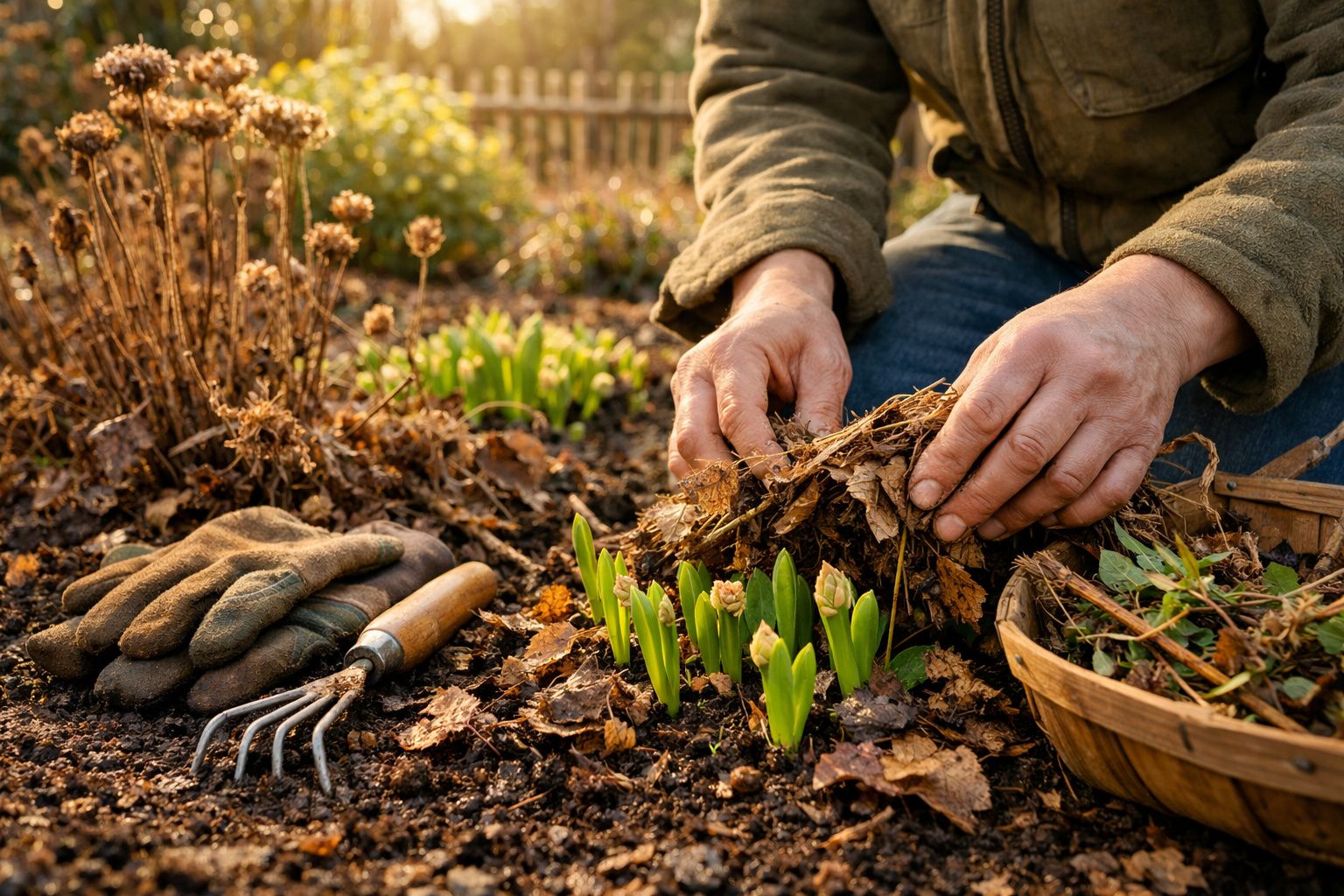 Mãos a cuidar de plantas jovens numa horta, removendo folhas secas, luvas e ancinho ao lado na terra.