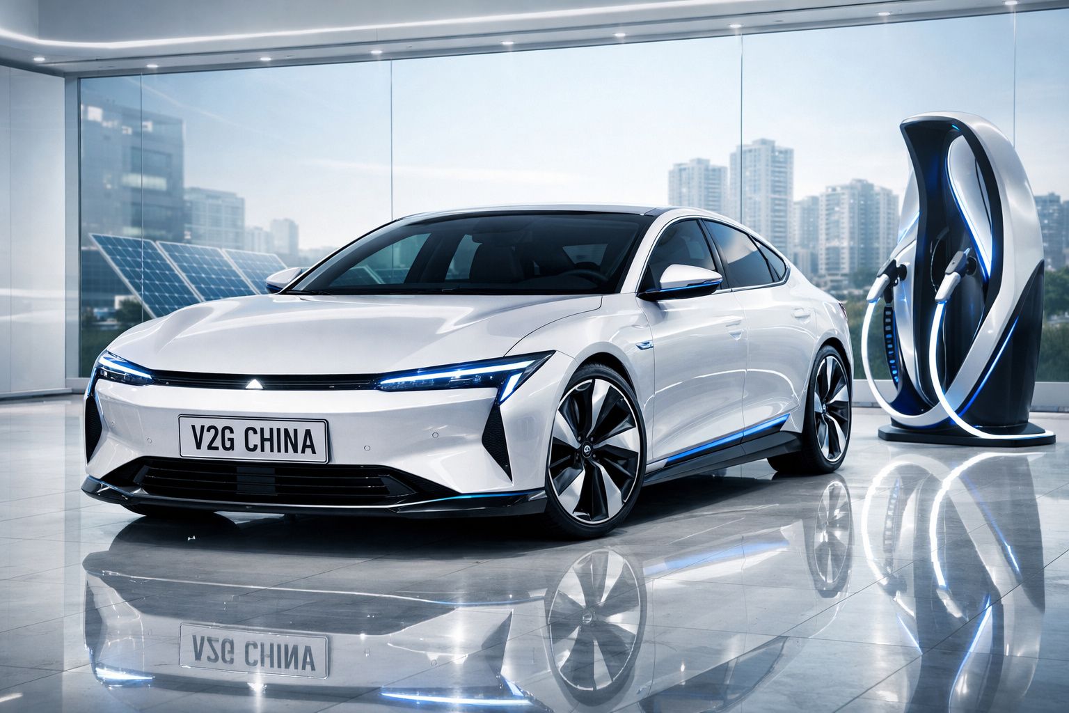 Carro elétrico branco estacionado junto a estação de carregamento moderna numa sala com vista urbana.