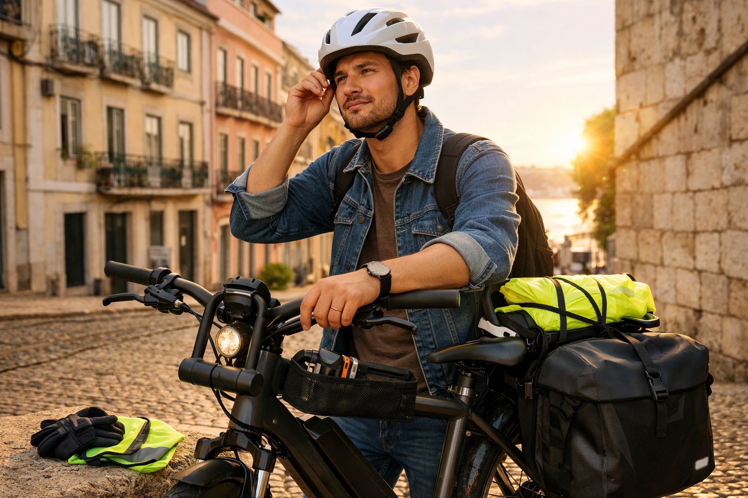 Homem com capacete ajusta alça enquanto está junto a bicicleta carregada na rua ao pôr do sol.