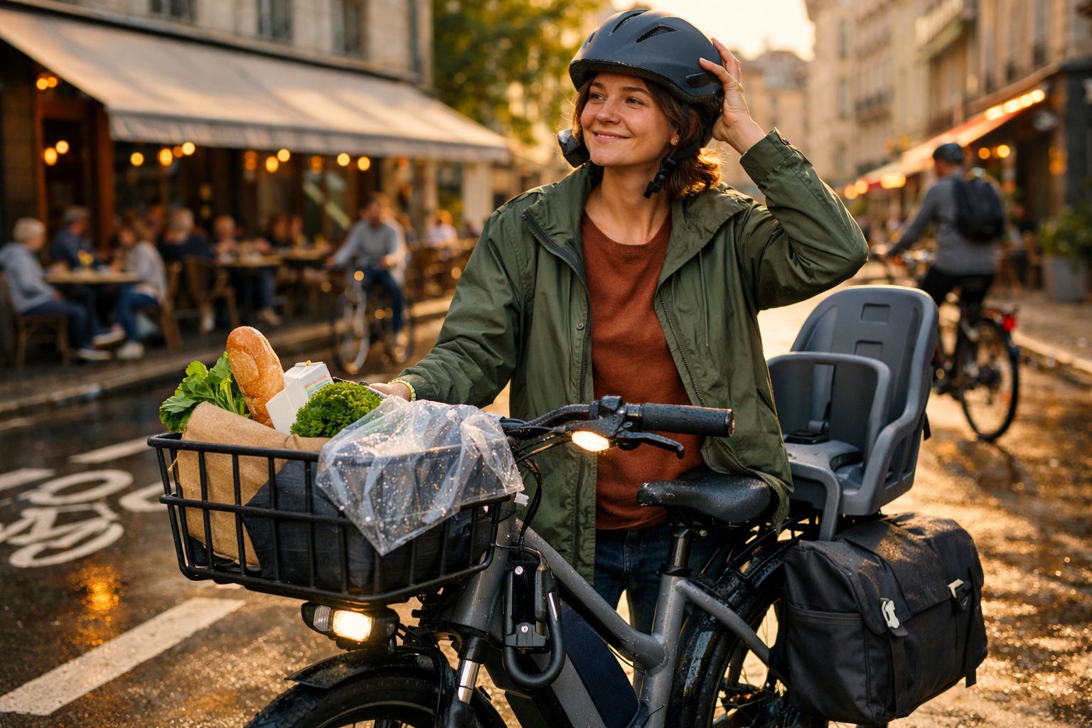 Mulher de capacete junto a bicicleta com cesto de compras num dia chuvoso numa rua movimentada.