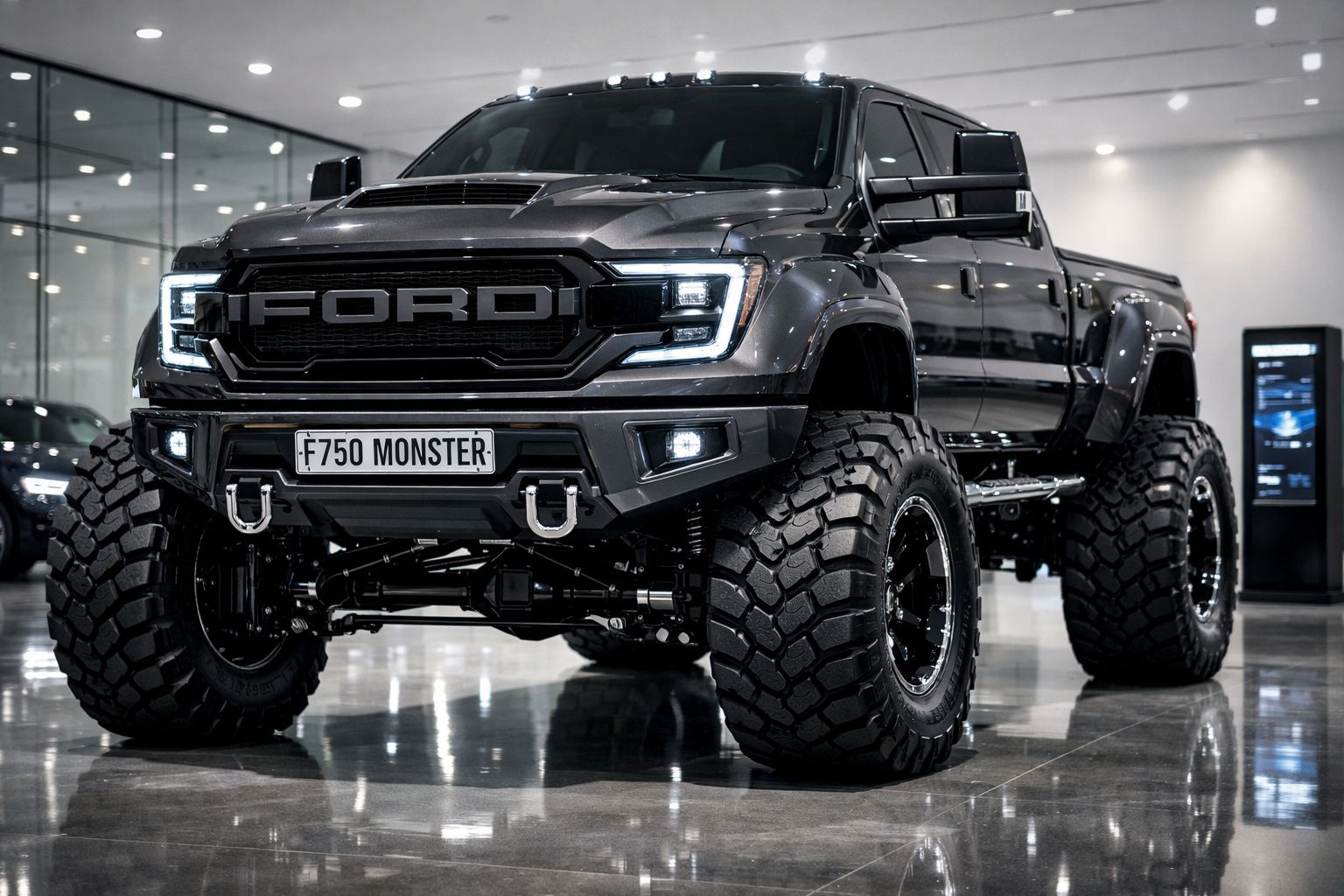 Pickup preta Ford F-750 Monster com pneus grandes e carroçaria elevada em showroom moderno.