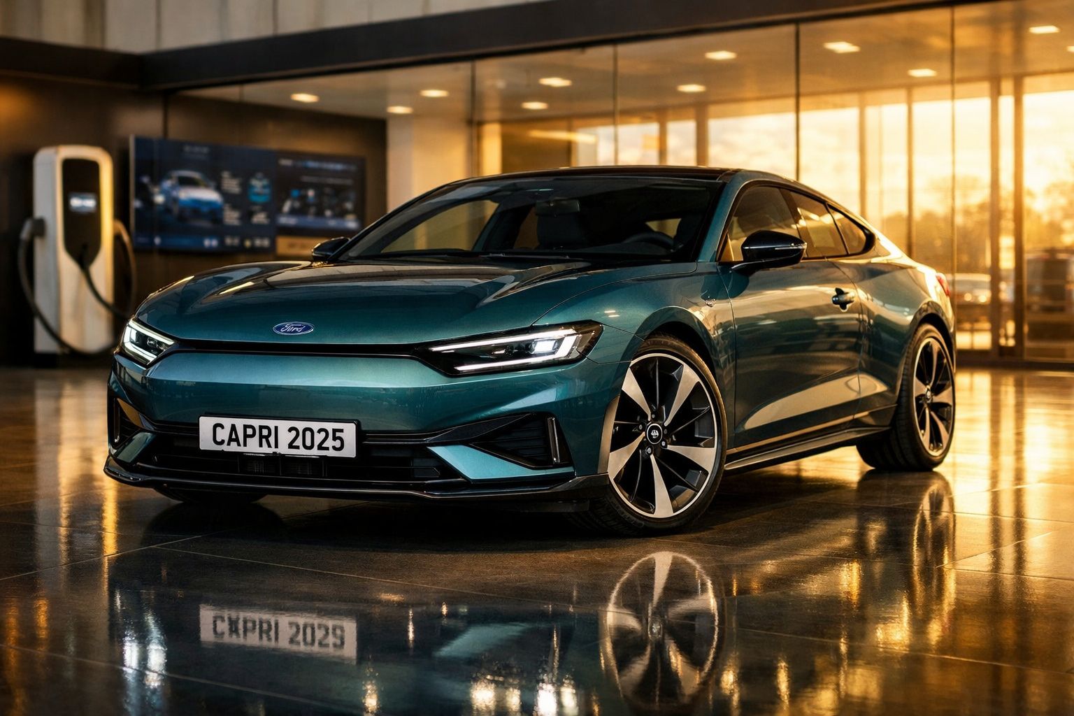 Carro desportivo elétrico azul metálico Ford Capri 2025 em exposição interior moderna.