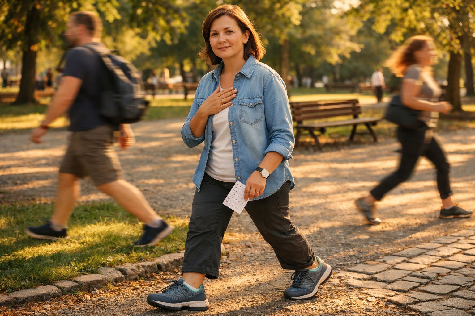 Mulher em parque a caminhar, segurando papel, com outras pessoas a passar rapidamente ao fundo.