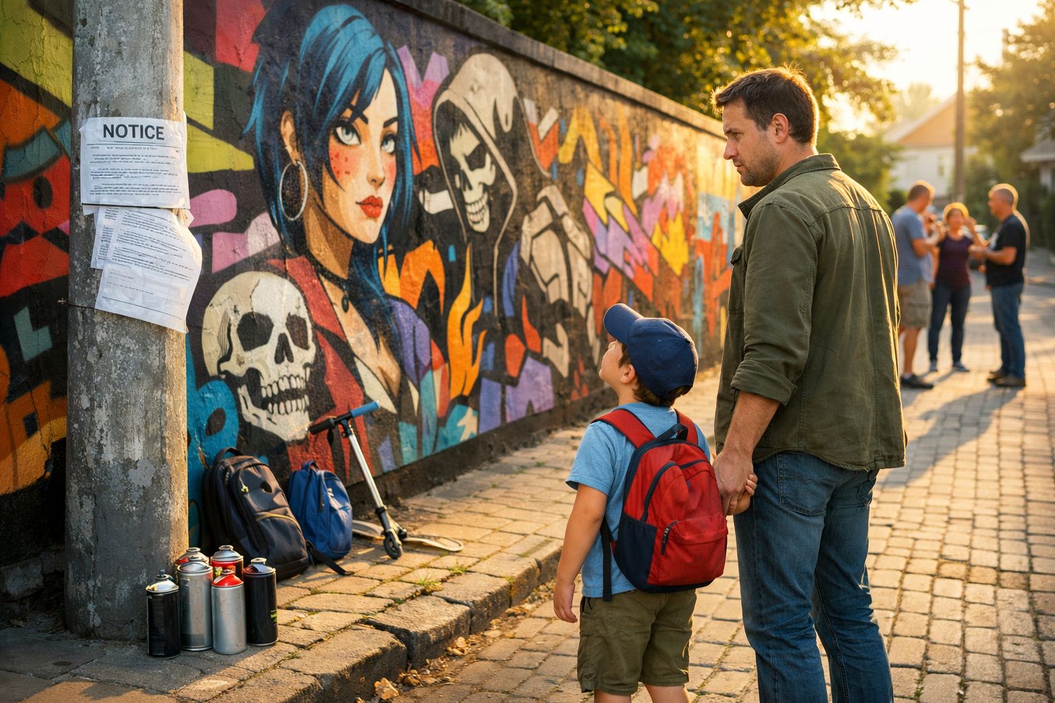 Pai e filho observam mural colorido com grafitis de caveiras e personagem feminina numa rua de pedras.