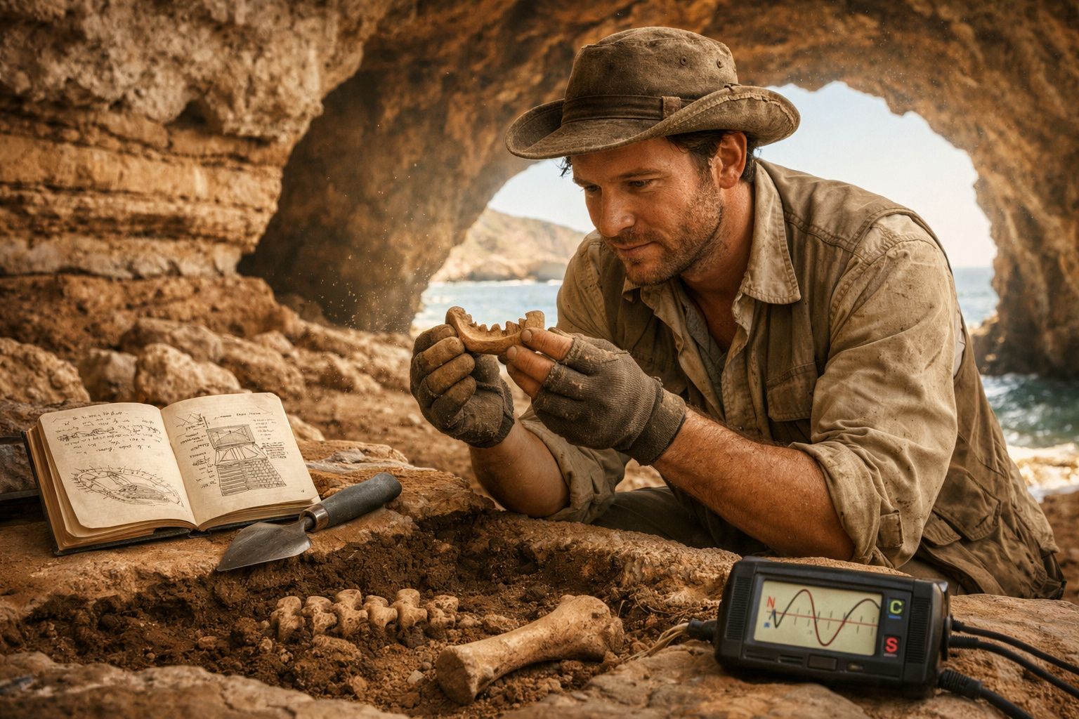 Homem arqueólogo analisa mandíbula fóssil em escavação arqueológica numa gruta junto ao mar.