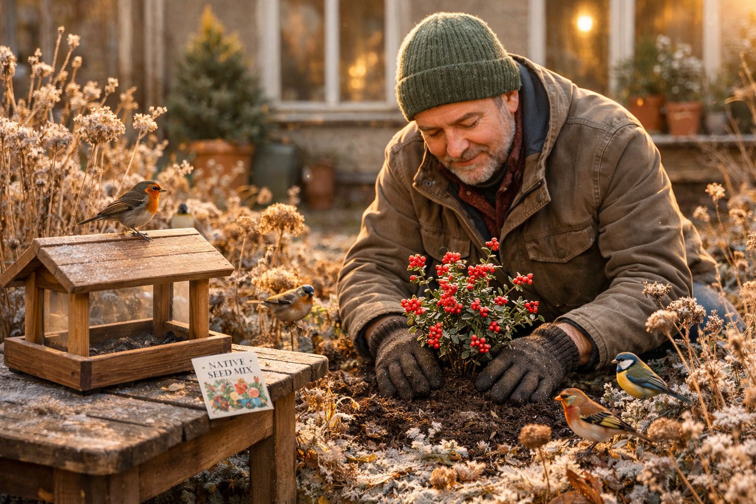 Homem a plantar um arbusto com bagas vermelhas no jardim, rodeado por passarinhos e uma casinha de madeira.