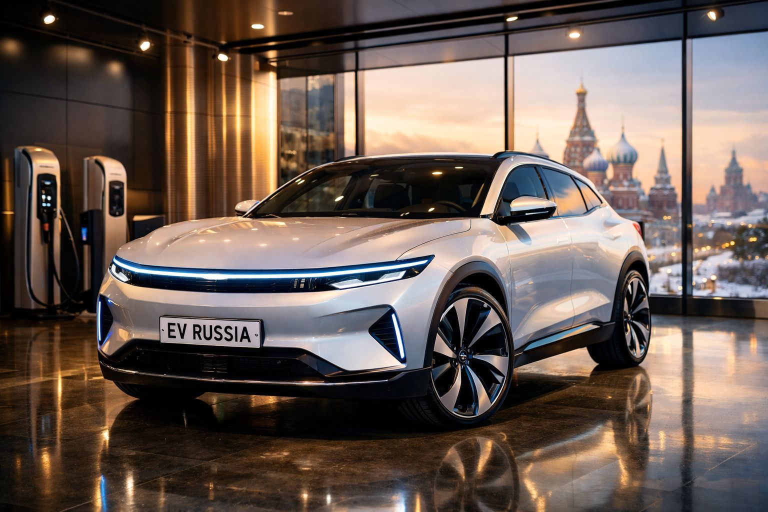 Carro elétrico moderno estacionado num showroom com vista para edifícios históricos ao pôr do sol.