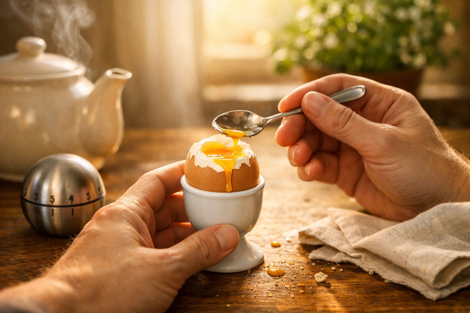 Mãos a segurar e a colher uma gema quente de ovo cozido em suporte branco numa mesa de madeira.