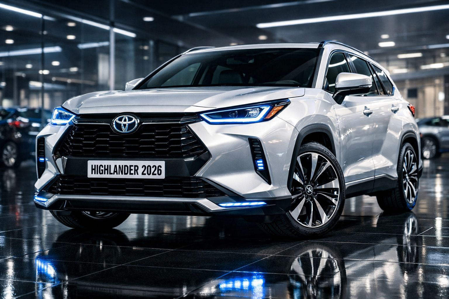 Carro Toyota Highlander 2026 branco com faróis azuis ligado num espaço interior moderno.