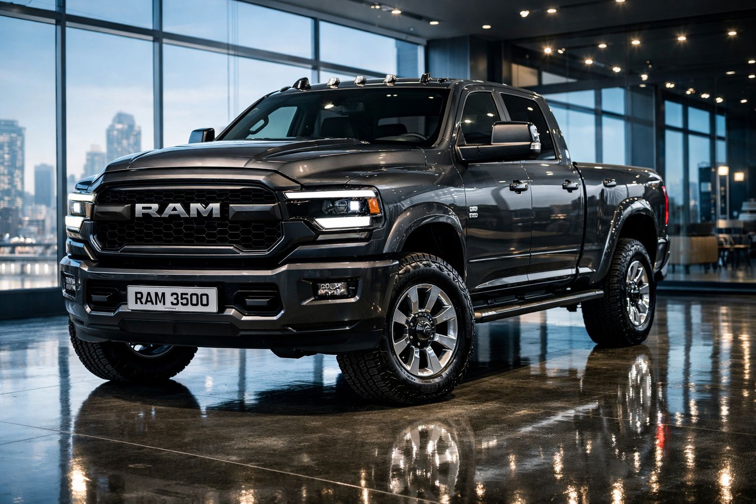 Pick-up preta RAM 3500 estacionada em espaço interior com janela e cidade ao fundo.