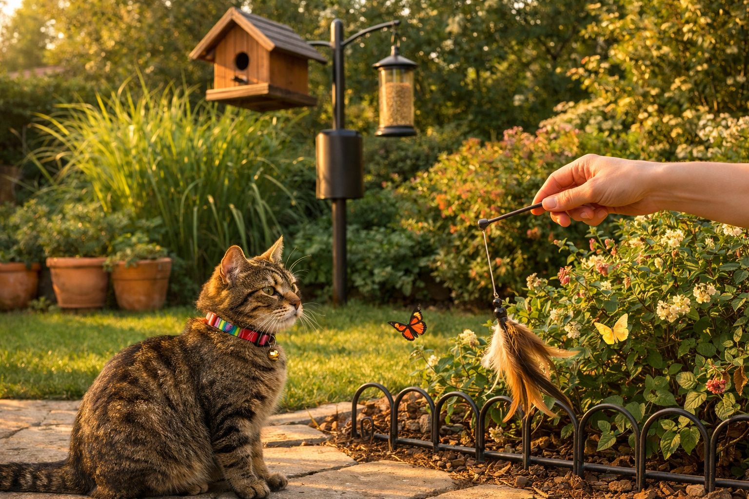Gato com coleira colorida observa mão a brincar com pena num jardim ao entardecer.