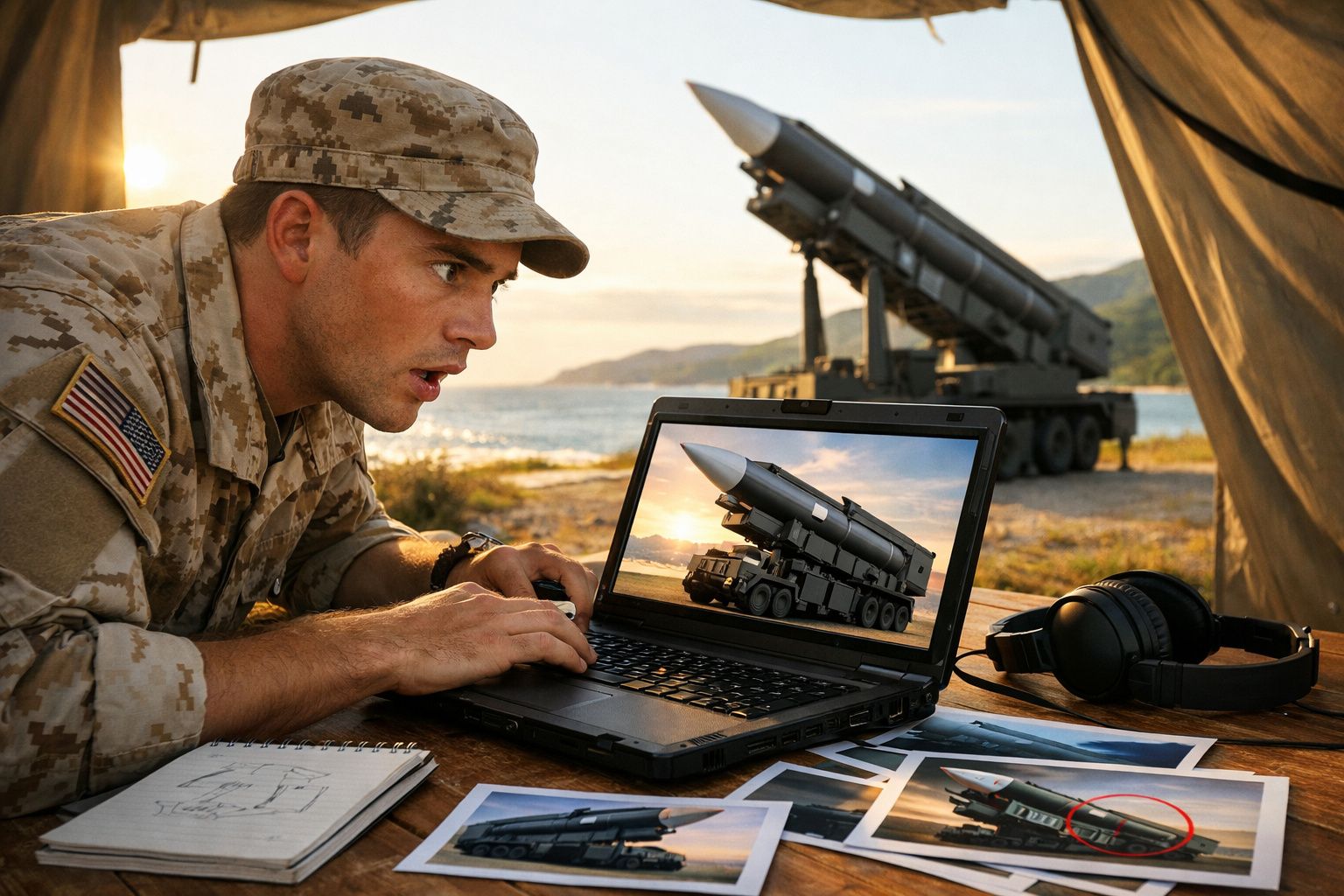 Soldado em uniforme militar a analisar dados de míssil no laptop, com míssil e fotos na zona costeira ao entardecer.