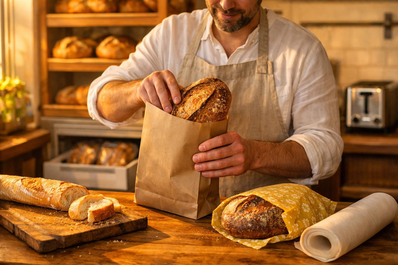 Pessoa a colocar pão fresco numa sacola de papel numa padaria tradicional com pão variado em fundo.