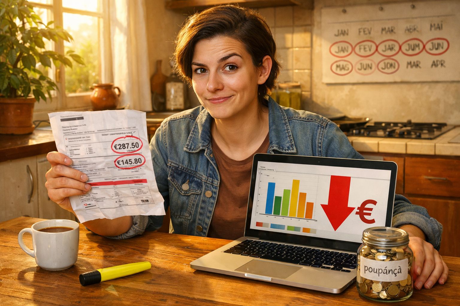 Mulher mostra faturas e computador com gráfico a cair, simbolizando redução de despesas e poupança.