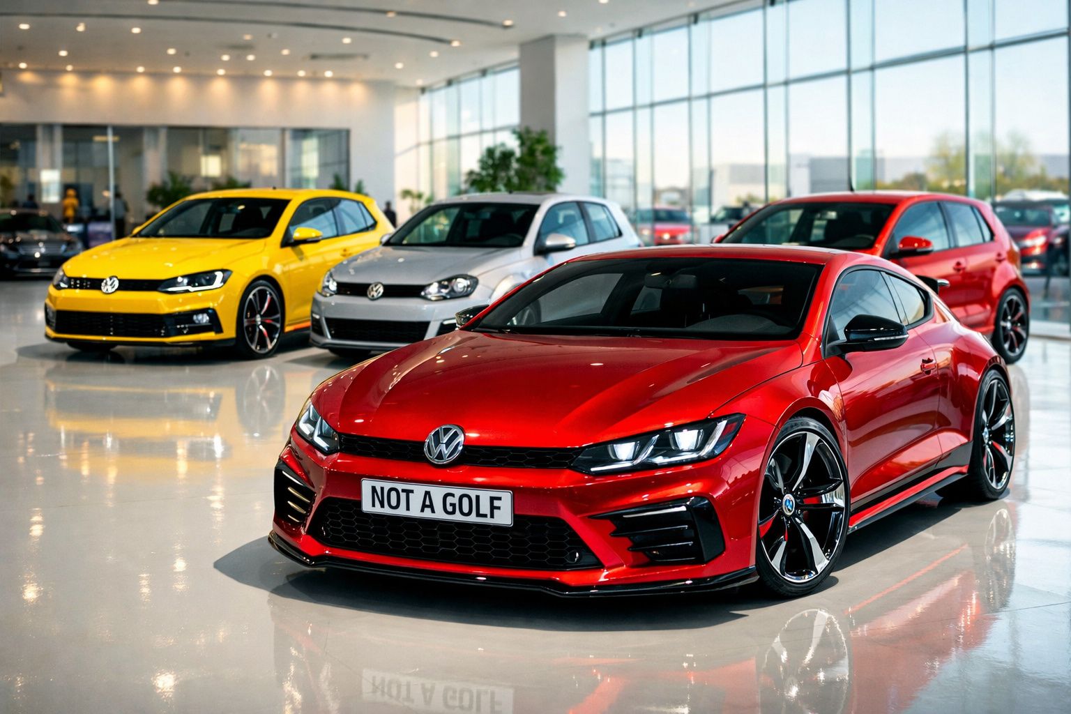 Concessionário com quatro carros Volkswagen estacionados, destaque para carro vermelho com matrícula "NOT A GOLF".