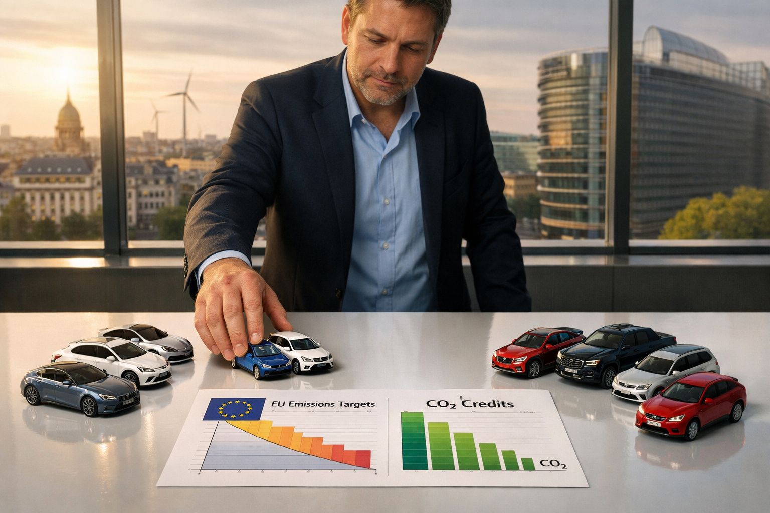 Homem em fato ajusta miniatura de carro sobre mesa com gráficos de emissões e créditos de CO2 à sua frente.