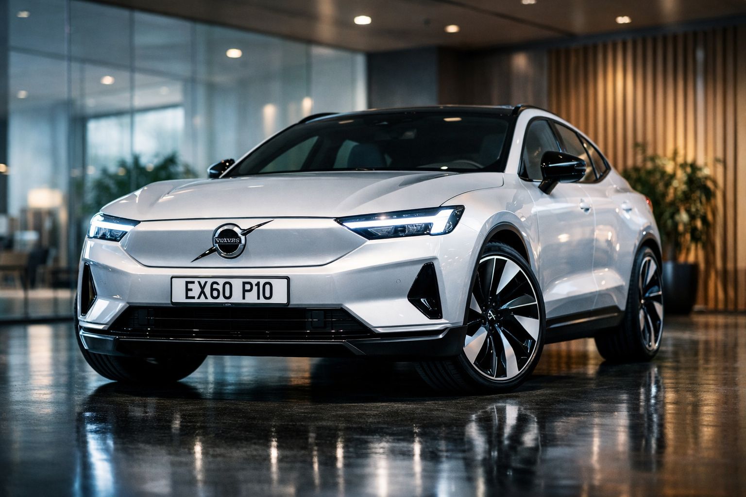 Automóvel Volvo branco estacionado em interior moderno com chão refletor e paredes de vidro e madeira.