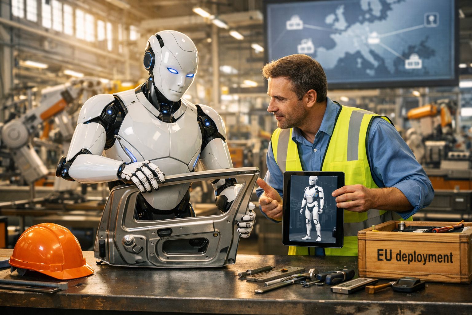 Homem com colete refletor explica robot à montagem de peça metálica numa fábrica moderna.