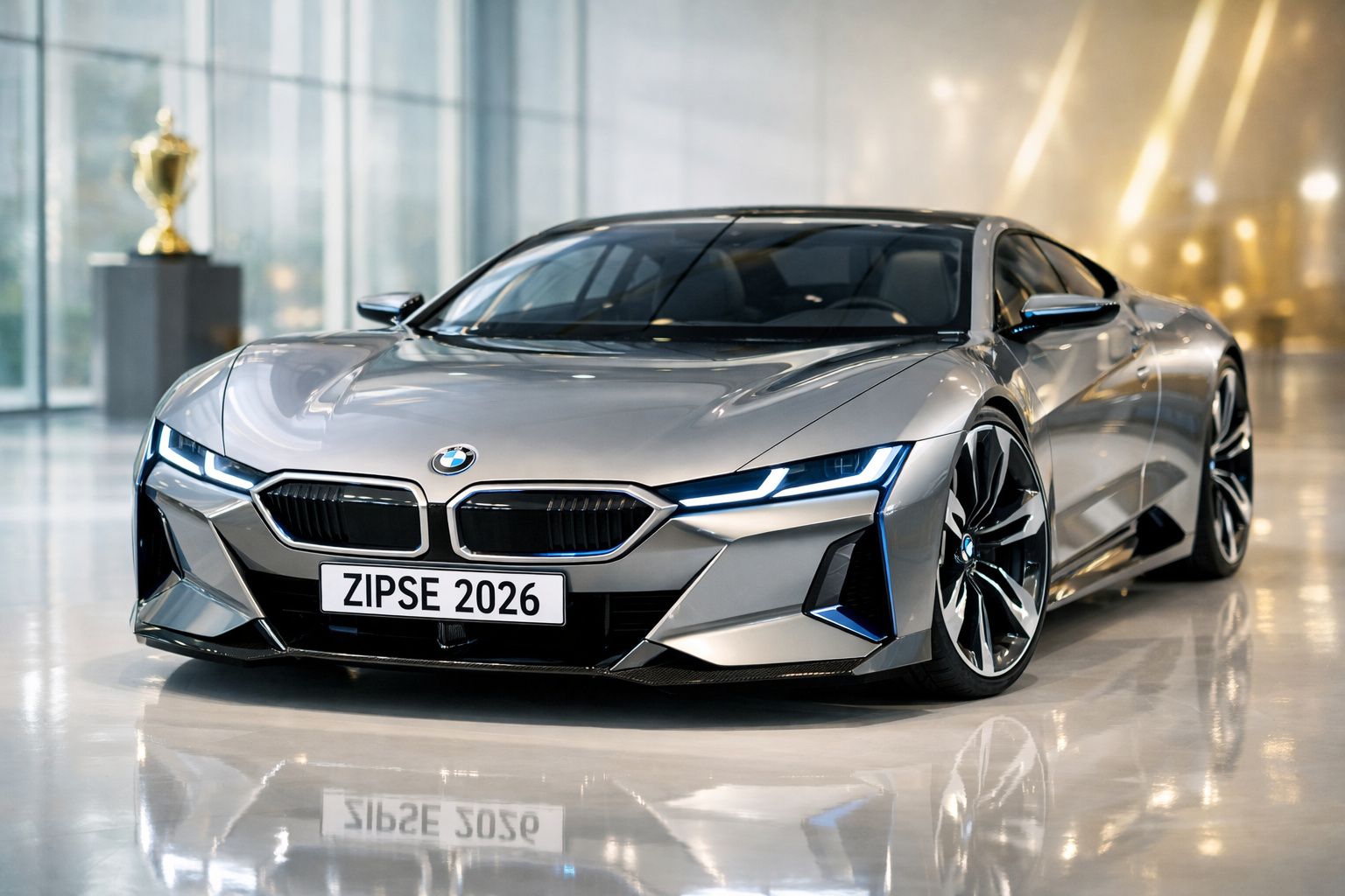 Carro desportivo BMW prata moderno, estacionado em piso brilhante com troféu ao fundo.
