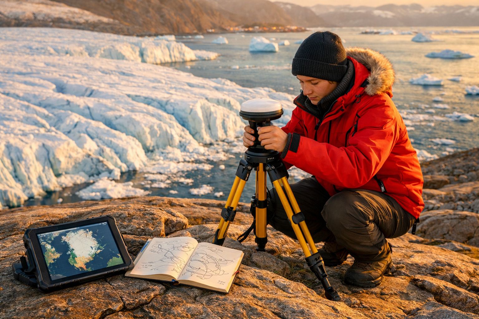 Pessoa com casaco vermelho usa equipamento geodésico em zona rochosa junto a geleiras, com tablet e caderno aberto.