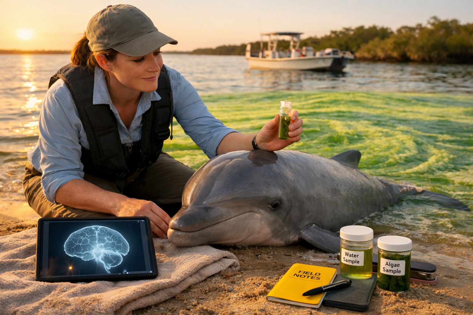 Mulher científica analisa amostra junto a golfinho numa praia ao pôr do sol, com tablet e material de pesquisa.