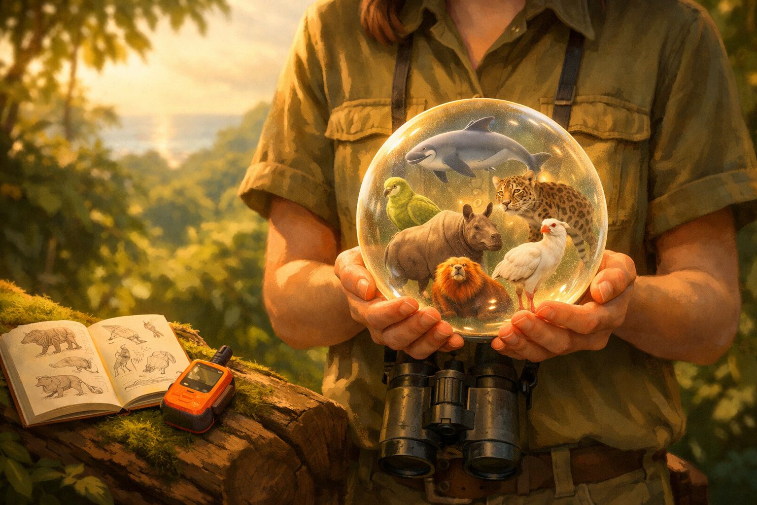 Pessoa em floresta segura globo transparente com vários animais selvagens dentro, ao lado livro aberto e rádio.