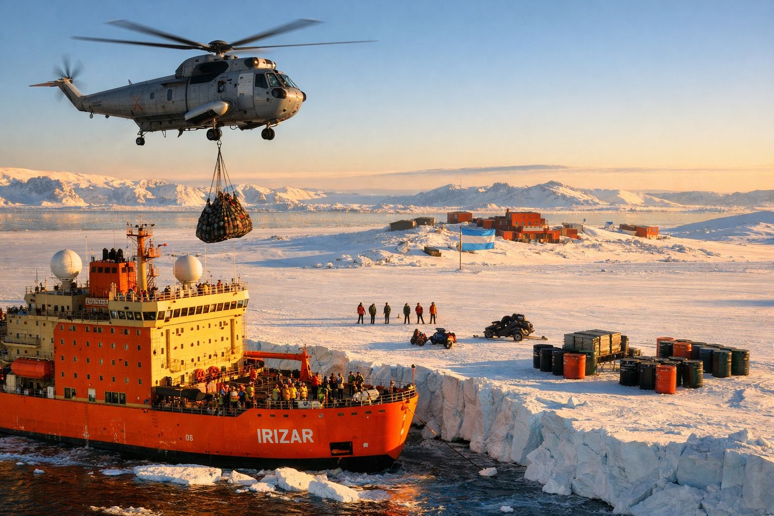 Helicóptero a transportar carga para o navio quebra-gelos Irizar na Antártida, com base e montanhas nevadas ao fundo.