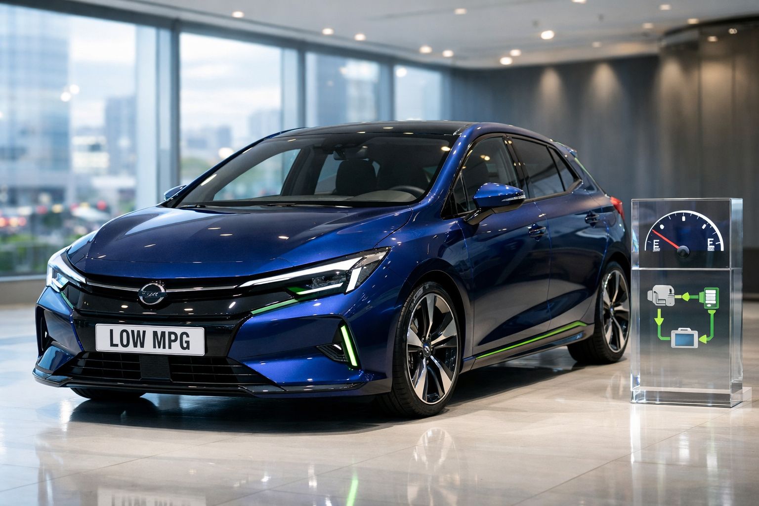 Carro elétrico azul estacionado em interior moderno com indicador de eficiência energética ao lado.