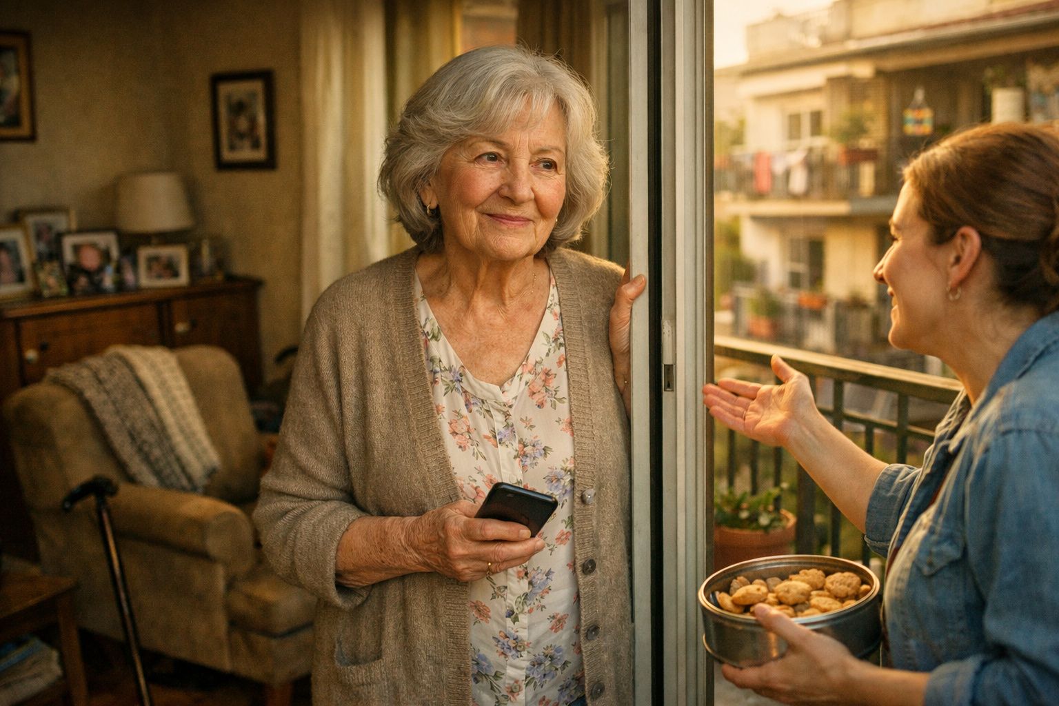 Idosa a sorrir na porta de casa enquanto mulher lhe oferece biscoitos numa latinha.