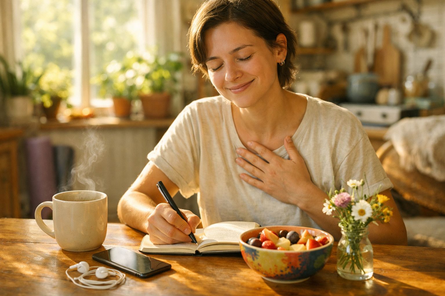Mulher sorridente escreve num caderno a desayunar com chá e fruta numa cozinha iluminada.