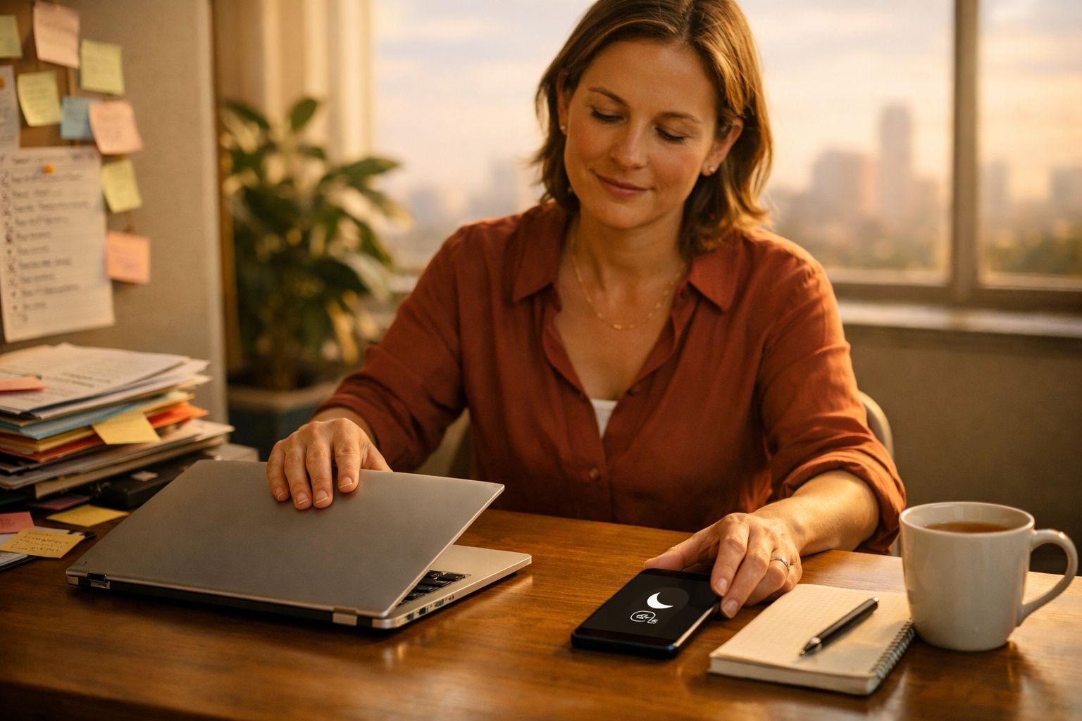 Mulher sentada numa mesa, abrindo um computador portátil, com telemóvel, caderno e chá à sua frente.