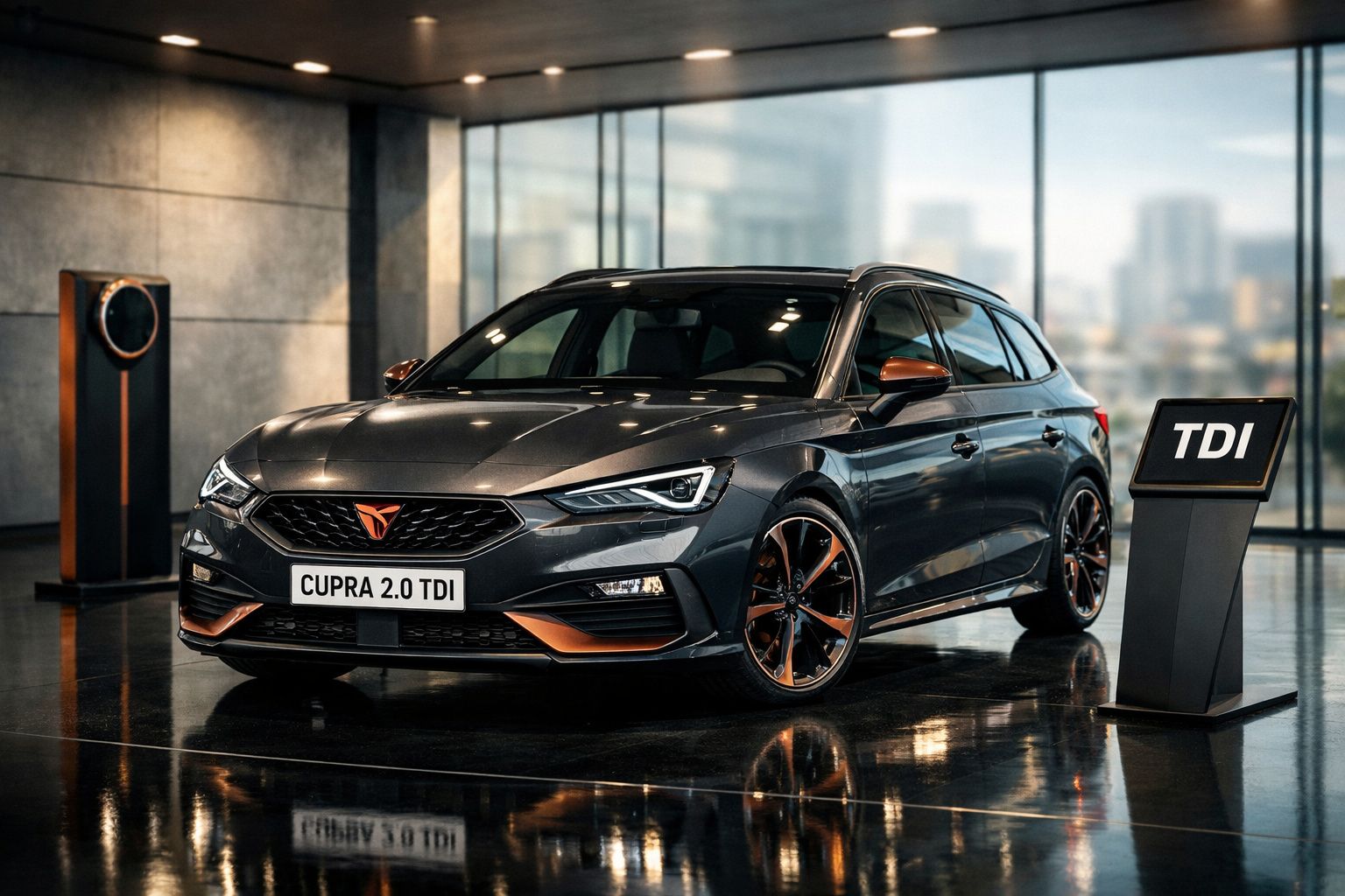 Automóvel desportivo Cupra 2.0 TDI cinza com detalhes laranja, exibido em salão moderno com chão refletor.