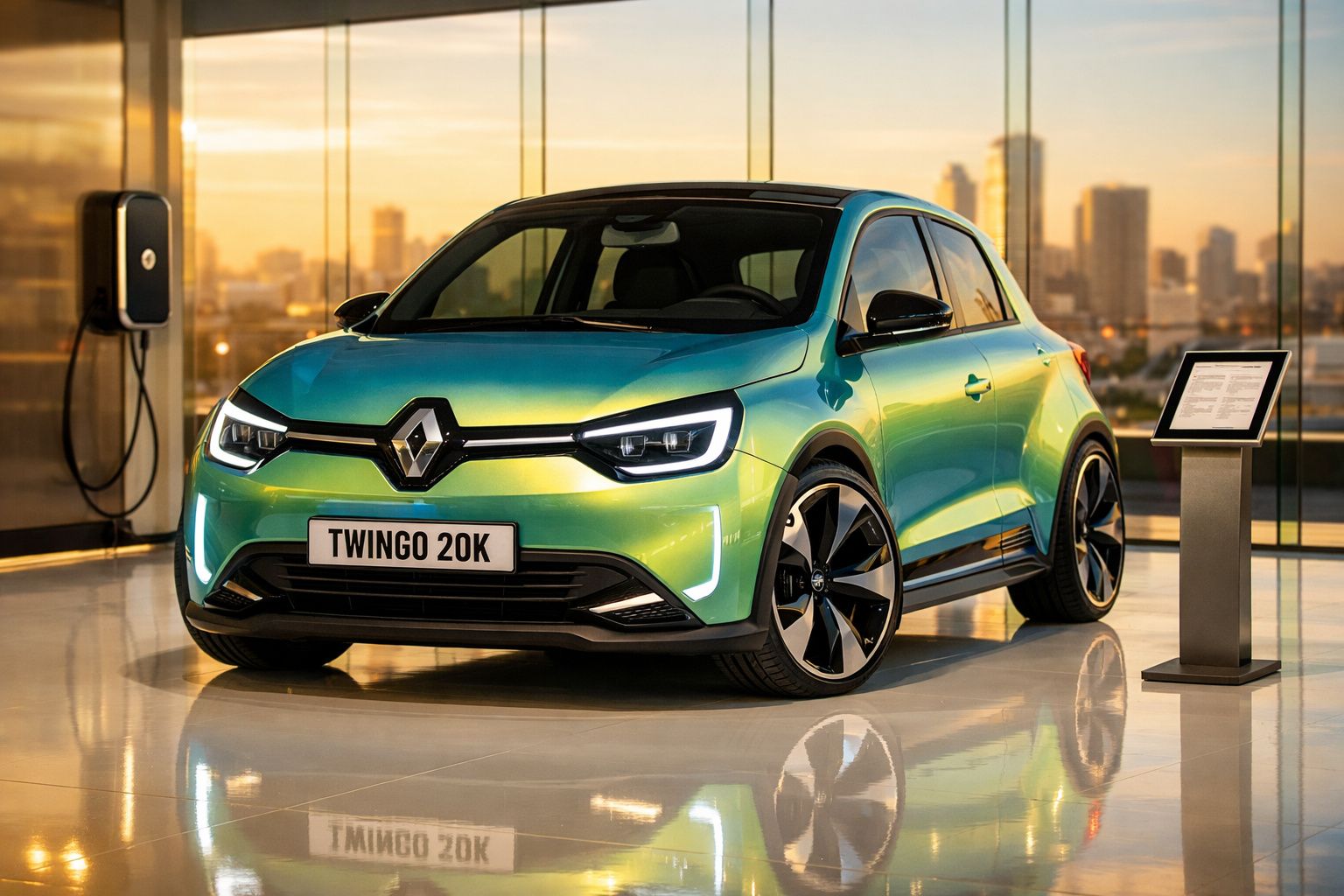 Carro elétrico Renault Twingo 20K verde em exposição numa sala com grandes janelas e carregador eléctrico.