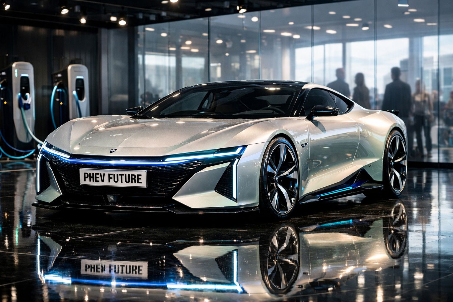 Carro elétrico de alta tecnologia com design futurista estacionado em ambiente moderno com estações de carregamento.