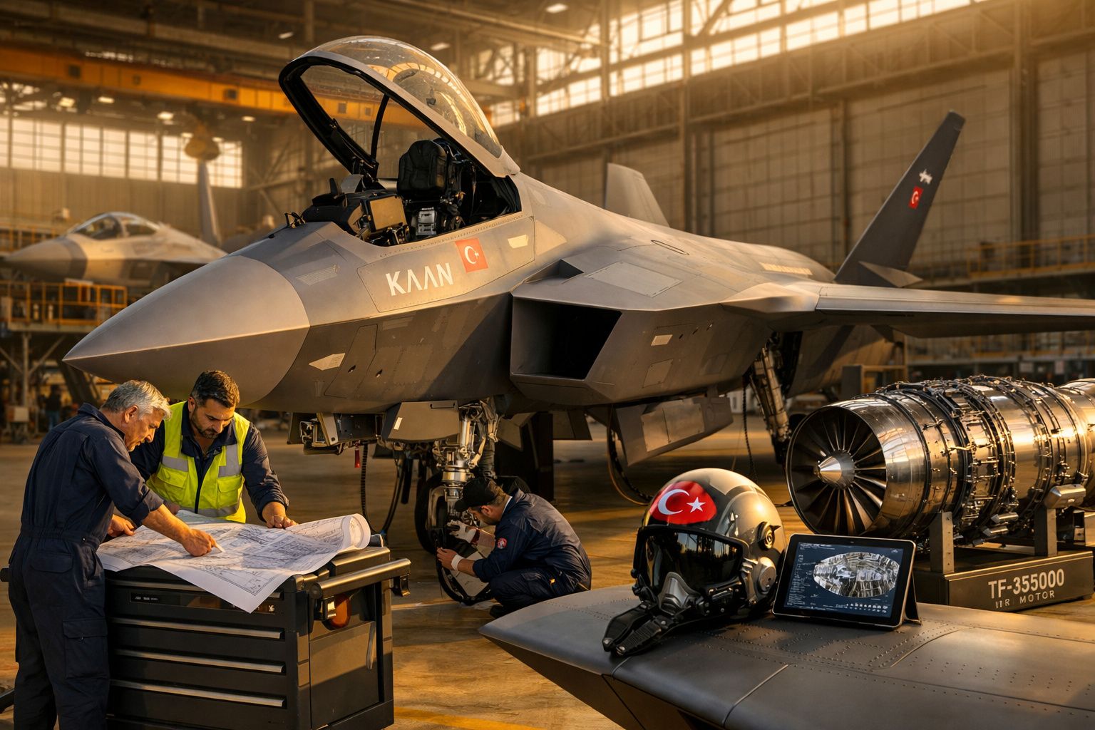Três técnicos trabalham na manutenção de um jato militar com capacete, motor e tablet na bancada perto da aeronave.