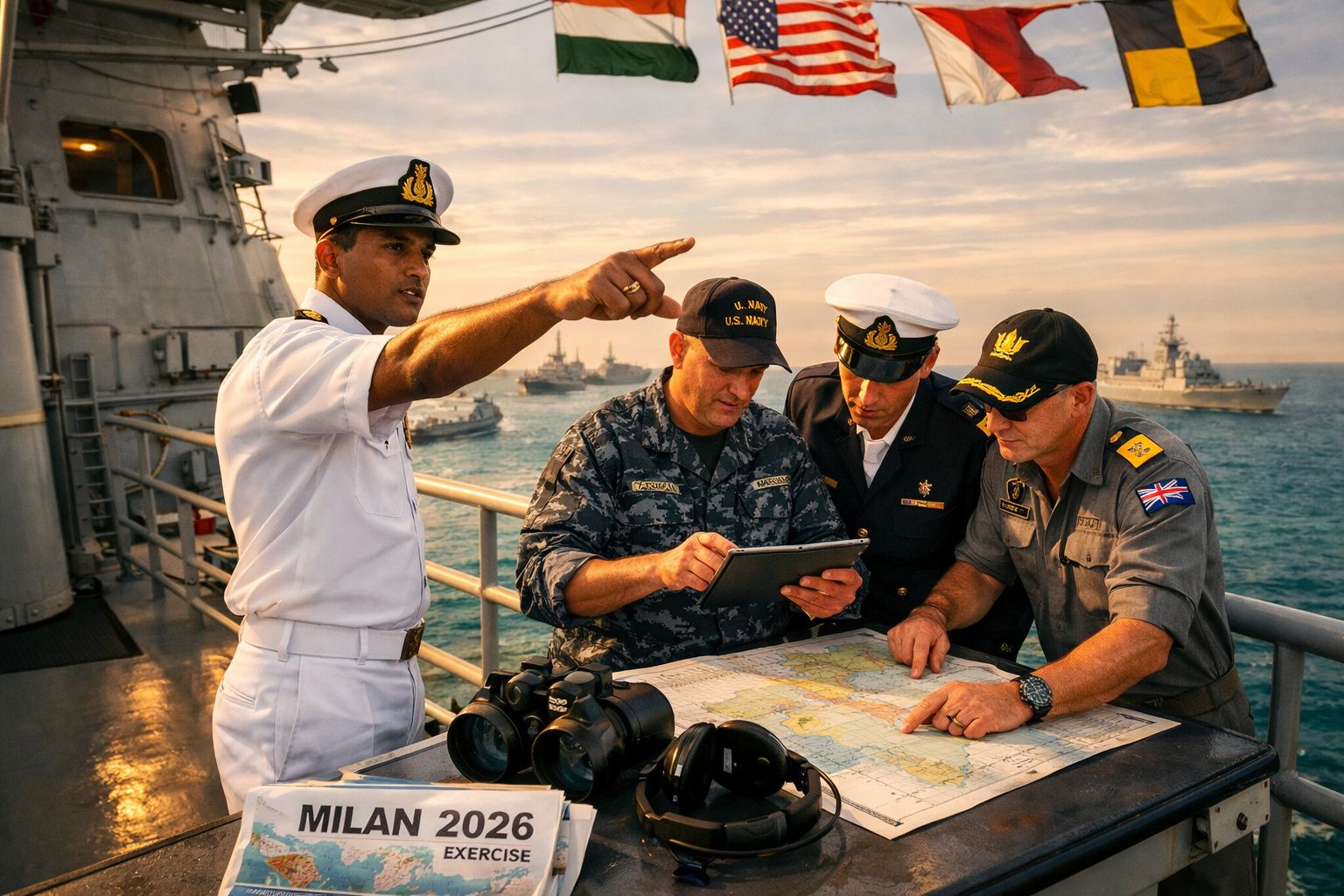 Quatro militares de diferentes forças navais consultam mapa e tablet a bordo de um navio no mar ao pôr do sol.