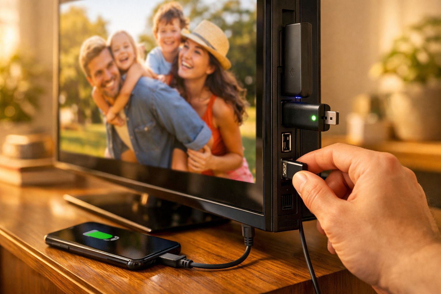 Pessoa a inserir pen USB na televisão com imagem de família e telemóvel a carregar numa mesa de madeira.