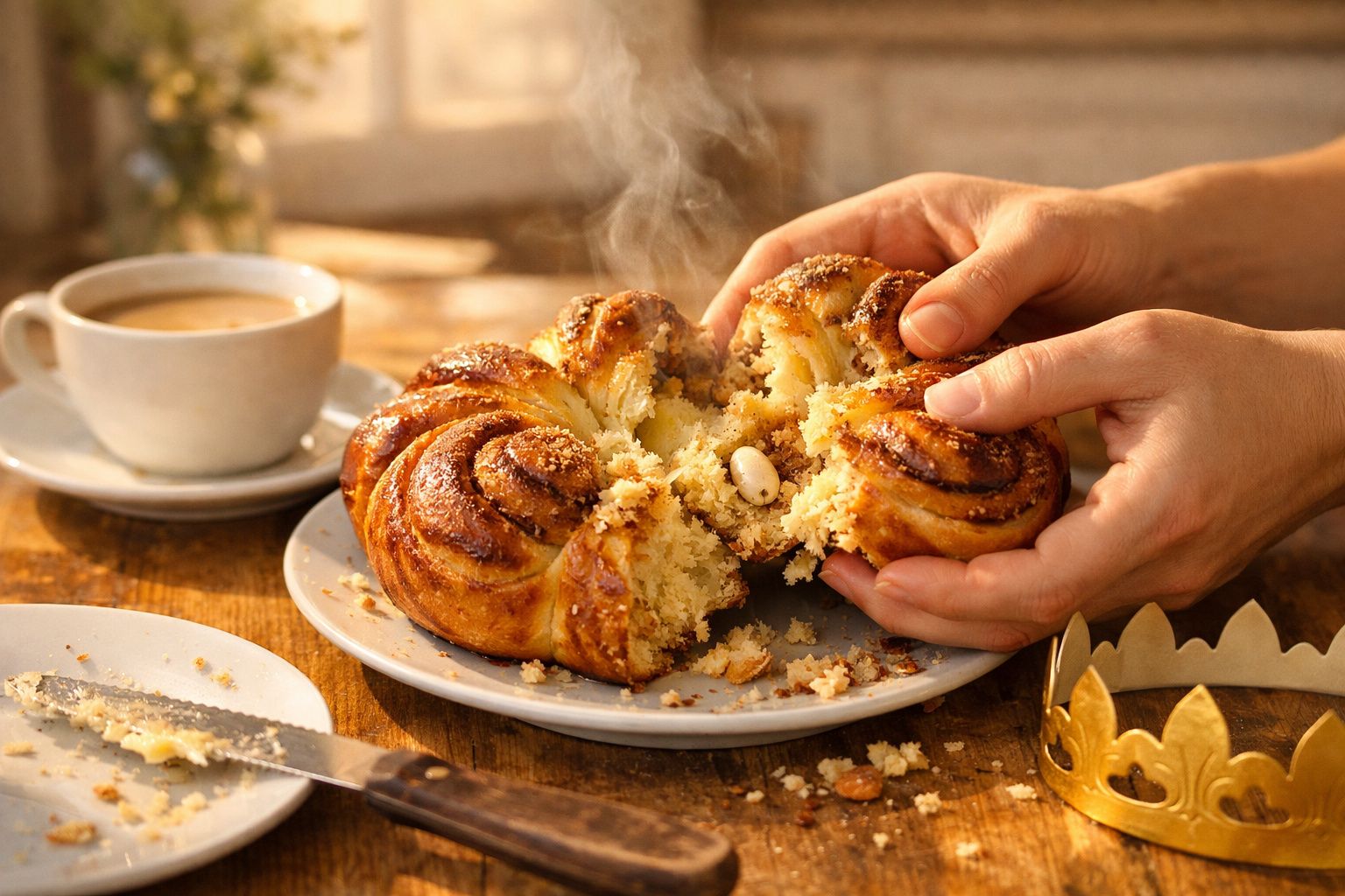 Pão doce quente partido ao meio com uma fava dentro, acompanhado por chá e uma coroa dourada na mesa.