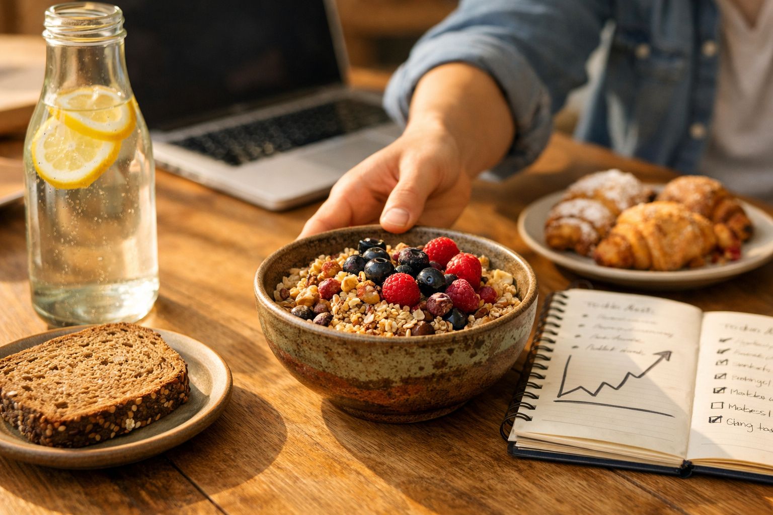 Pessoa a segurar taça com granola e frutos vermelhos, pão, croissants, garrafa com água e bloco de notas numa mesa.
