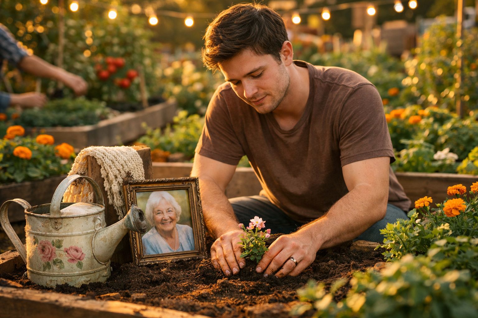 Homem a plantar flores num jardim ao lado de uma foto emoldurada de uma idosa sorridente.