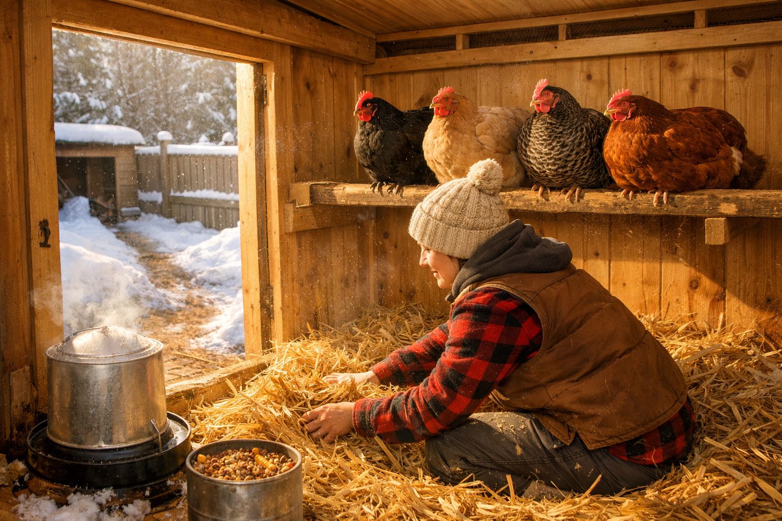 Criança vestida de inverno a alimentar galinhas num galinheiro de madeira com neve lá fora.