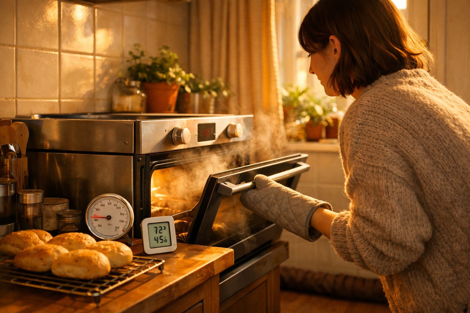 Mulher a retirar pão quente do forno numa cozinha acolhedora com luz natural e utensílios de cozinha.