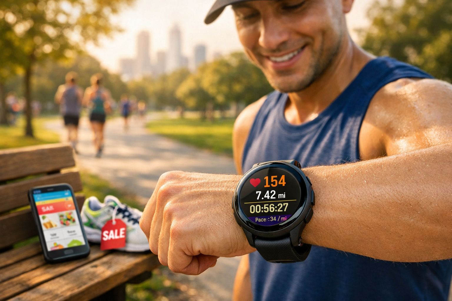 Homem sorridente consulta pulseira desportiva após corrida num parque urbano ao pôr do sol.