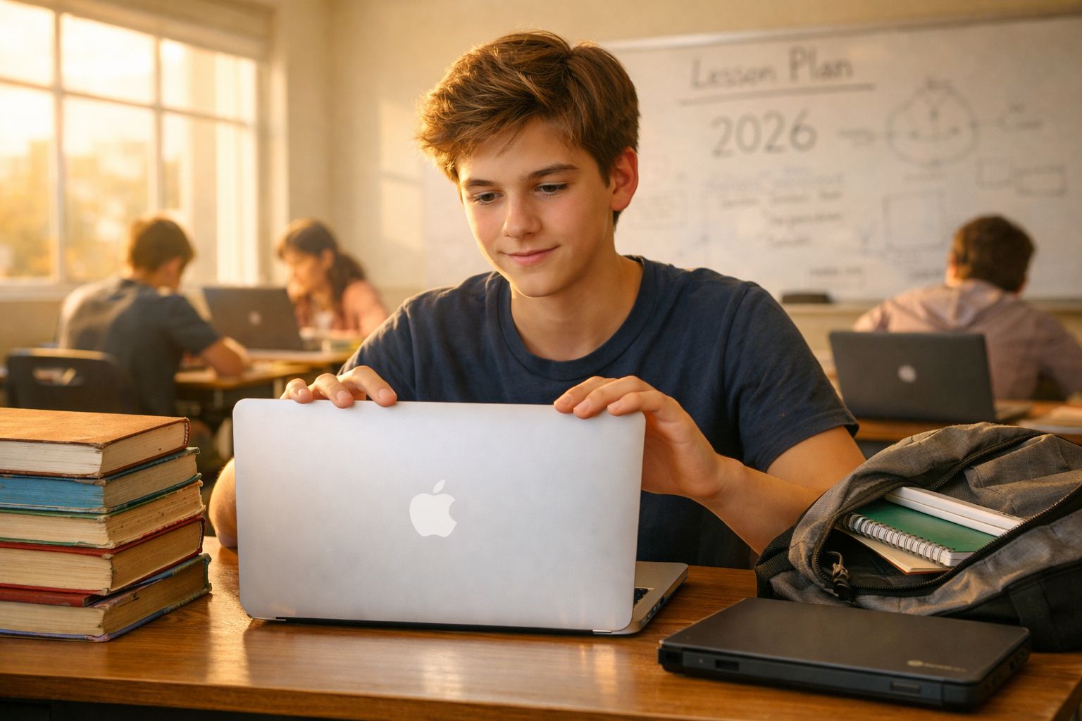 Jovem a utilizar computador portátil numa sala de aula, rodeado por livros e cadernos.