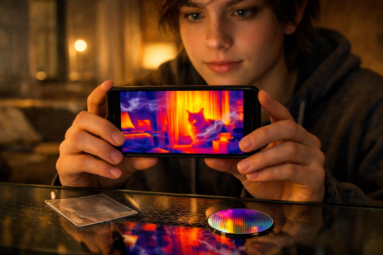 Pessoa a segurar telemóvel com imagem térmica de um gato num ambiente interior quente e iluminado.